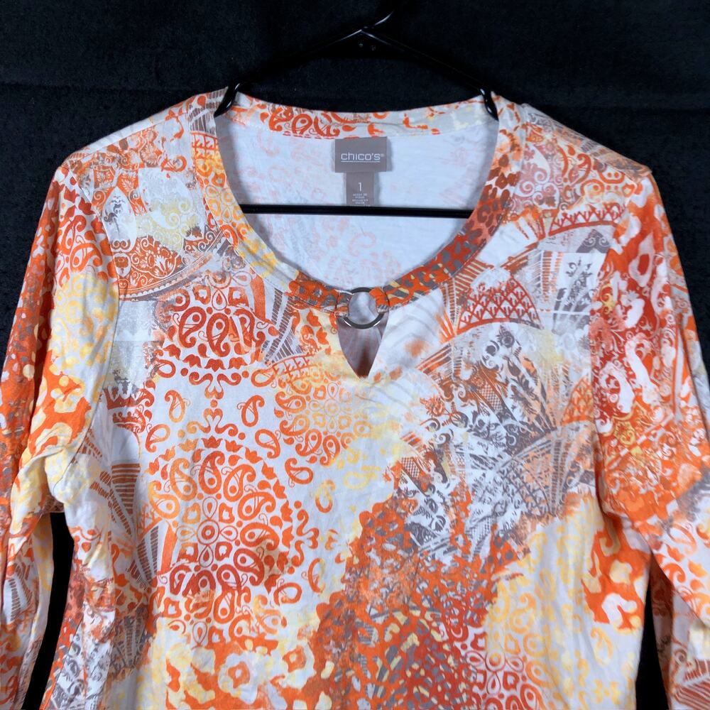Chicos Womens Blouse Multicolored Paisley 3/4 Sleeve Front Key Hole 1 (M) - Picture 2 of 11